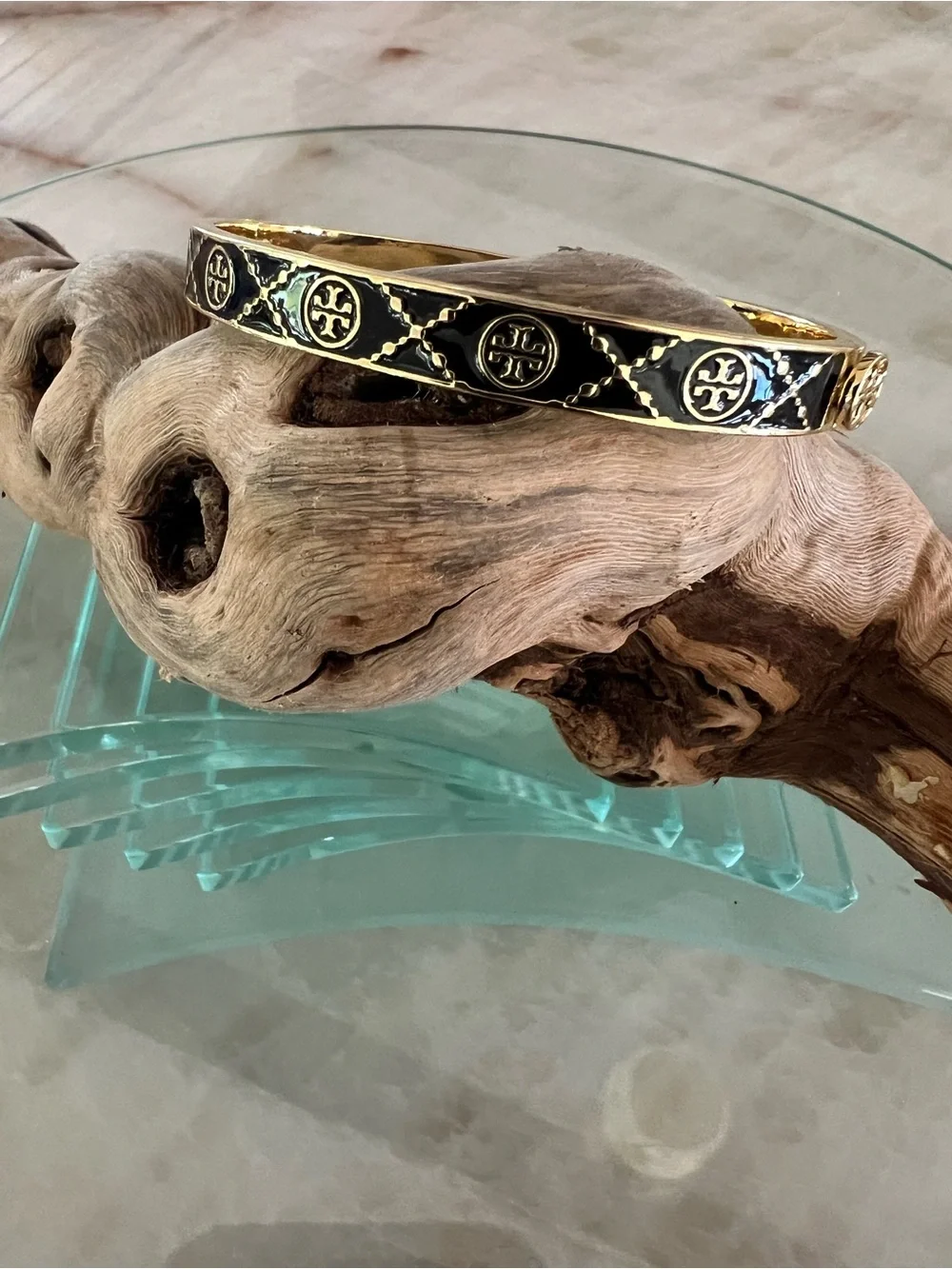 Tory Burch Black and Gold Logo Enamel Bangle